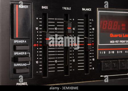 Close-up of volume and tone controls on an audio amplifier. Stock Photo