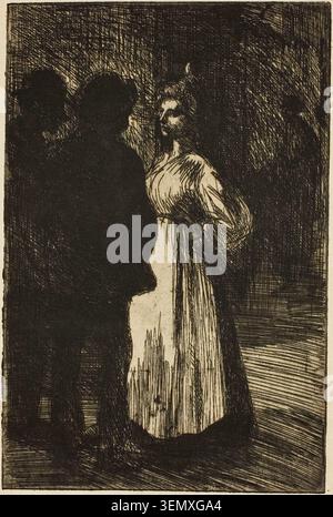 Conversation at Night by Théophile-Alexandre Steinlen, 1898, depicting a woman in conversation with shadowed figures in a dimly lit interior setting Stock Photo