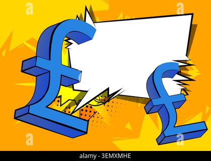 Cartoon English Pound Sign with blank speech bubble, comic book business background. Retro vector comics pop art design. Stock Vector