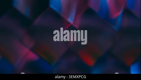 Volumetric cubes. Blur geometric reflection. Defocused purple blue neon shine lens flare glare flicker sparkle gleam on abstract light. Stock Photo
