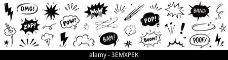 Comic boom icon cartoon set. Hand drawn comic boom effect with cartoon wow bomb speech splash line. Explosive bubble burst dialog action motion superhero explosion sound emphasis. Vector illustration Stock Vector
