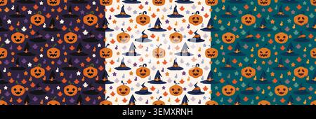 A Set of Three Halloween Seamless Pattern with Pumpkins Witch Hats and Autumn Leaves in a Flat Design Style Stock Vector