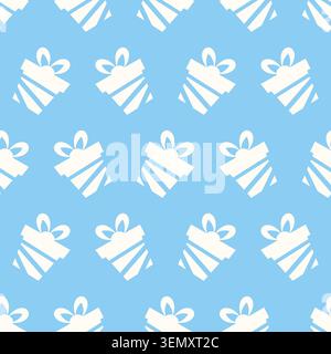 Repeated pattern of white gift boxes with bows on a blue background. Vector illustration Stock Vector