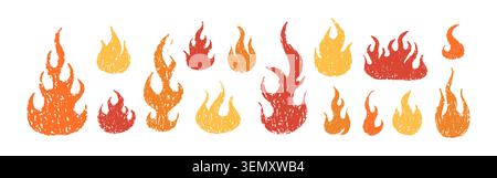 Crayon fire. Large collection of different flame icons. Wildfire bright red, orange, and yellow colors. Vector collages illustration Stock Vector
