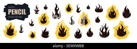 Crayon fire. Large collection of different flame icons. Vector collage of scrapbook paper Stock Vector