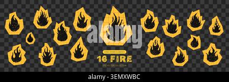 Crayon fire. Pencil sketch fire with grunge texture. Scrapbook stickers. Cutout vector illustration on transparent background Stock Vector