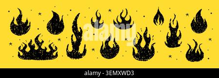 Crayon fire. Vector illustration with wax texture. Scribble shape or sticker. Graffiti doodles. Black icons on yellow background Stock Vector