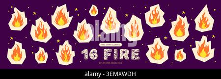 Crayon fire. Burning pencil flame. Vector set. Scrapbook cutout stickers Stock Vector