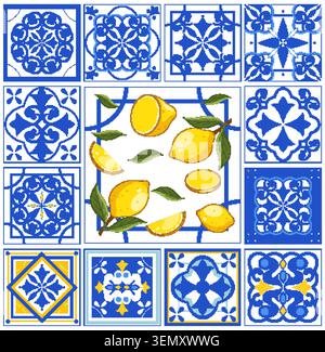 Traditional blue and white ceramic tile patterns surround a central illustration of fresh yellow lemons. Stock Vector