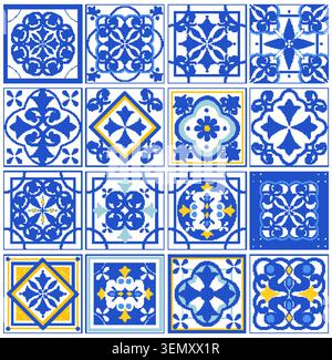 Traditional blue and white ceramic tile patterns with yellow accents in a flat vector style. Stock Vector