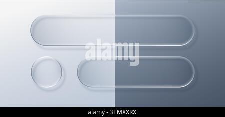 Glass ui buttons liquid effect and 3d transparent text. Element web frame with badge and texture rectangle white. Shape interface glass with Stock Vector