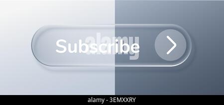 Glass cta like with button subscribe liquid for ui web box. 3d effect now with glass info share for transparent text vector. Element icon glass with Stock Vector