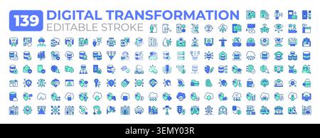 Digital transformation line icons big set Stock Vector
