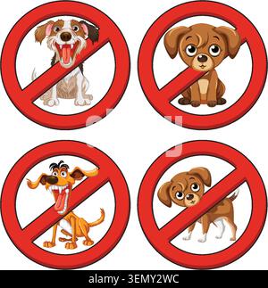 Cartoon dogs behind red prohibition signs, flat vector style, white background, bold outlines Stock Vector