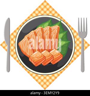 Vector illustration of sliced salmon sashimi on black plate, garnished with green leaves, overhead view Stock Vector