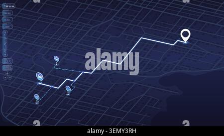 Alternative transport with location system. GPS navigator screen. Fragments of town. An abstract navigation plan highlights POI including city streets Stock Vector