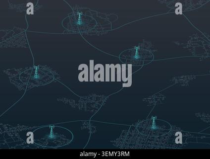 Signal tower of 5G signal, networks to distribute fast signals on area. Wireless network communication on map of city. Editable isometric, vector Stock Vector