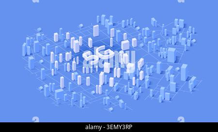 The Signal of 5G signal on abstract isometric 3d cityscape. Networks to distribute fast signals on area. Wireless network communication on map of city Stock Vector