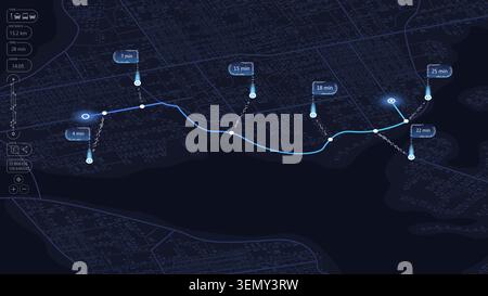 City map featuring directional signs, an intended goal point and multiple markers. An abstract navigation plan highlights POI including city streets Stock Vector