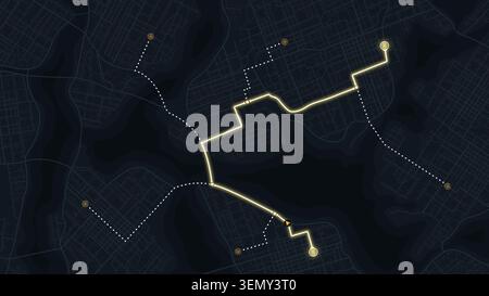 City map featuring directional signs, an intended goal point, and multiple markers. An abstract navigation plan highlights including city streets Stock Vector
