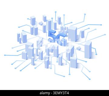 The Signal of 5G signal on abstract isometric 3d cityscape. Networks to distribute fast signals on area. Wireless network communication on map of city Stock Vector