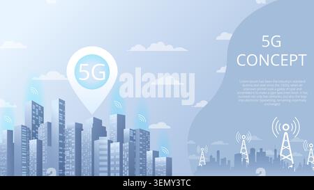 The Signal tower of 5G signal on abstract background cityscape. Networks to distribute fast signals on area. Wireless network communication on map of Stock Vector