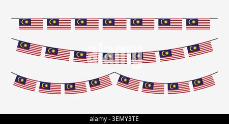 Malaysia rectangular flag bunting garland isolated on light background. Malaysian Jalur Gemilang traditional hanging flag string for National Day. Stock Vector