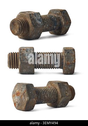 old rusty metal bolts with attached nuts lying horizontally isolated white background, weathered iron hardware fasteners in different angles Stock Photo