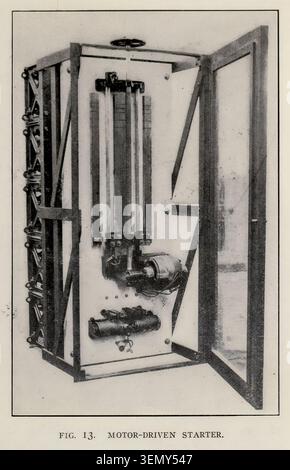 Large motor driven starter featuring complex industrial design and engineering components, showcasing an early application of electromechanical technology and vintage electrical equipment. From the Article GAS AND ELECTRIC POWER IN CONTINENTAL IRON AND STEEL WORKS. By J . B. van Brussel. From The Engineering Magazine Devoted to Industrial Progress Volume XXXIII April - September 1907 The Engineering Magazine Co Stock Photo