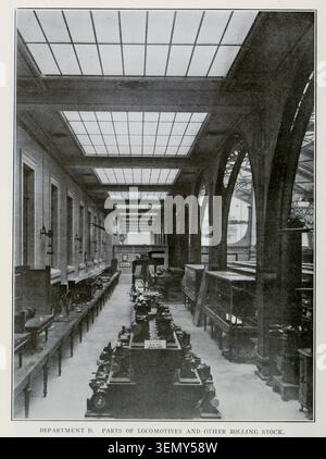 Large workshop interior with a long aisle showcasing various antique locomotive and rolling stock parts and vintage machinery under multiple skylights and arched supports. From the Article A MUSEUM OF TRAFFIC AND ENGINEERING. By Dr. Alfred Gradenwitz. From The Engineering Magazine Devoted to Industrial Progress Volume XXXIII April - September 1907 The Engineering Magazine Co Stock Photo