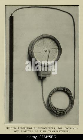 Bristol recording thermometer with circular chart, long probe and coiled cable, vintage industrial temperature recorder, analog monitoring. From the Article EFFICIENCY IN THE BURNING OF FUEL UNDER THE STEAM BOILER. By William D. Ennis. Part III. PRACTICAL MODIFICATIONS AFFECTING THE THEORY OF AIR SUPPLY. From The Engineering Magazine Devoted to Industrial Progress Volume XXXIII April - September 1907 The Engineering Magazine Co Stock Photo