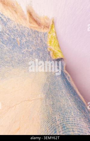 Abstract texture of ripped paper showing frayed edges, fibers, and subtle color gradients in blue and cream tones Stock Photo