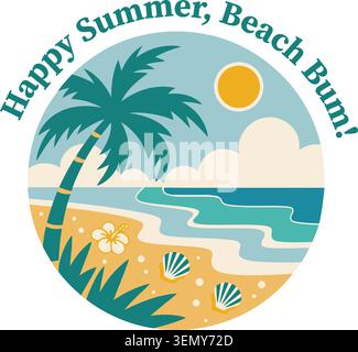 Tropical Beach Paradise Badge Vector with Palm Tree, Ocean Waves, Seashells and Summer Vacation Coastal Landscape Stock Vector