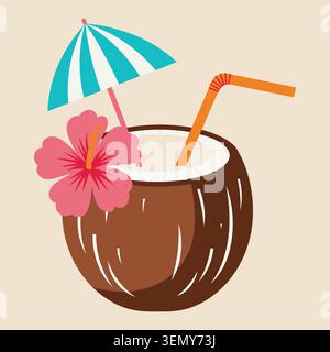 Tropical Coconut Cocktail Drink with Hibiscus Flower Beach Umbrella and Straw Summer Vacation Vector Illustration Stock Vector