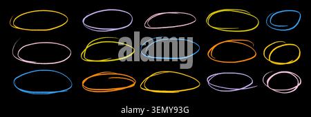 Hand drawn colorful outline oval elements with crayon texture. Playful textured shapes for highlighting and emphasis. Cute colorful stroke circle for children design Stock Vector