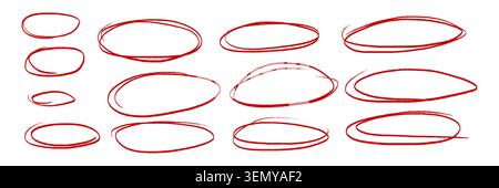 Hand drawn red crayon ovals and circles set. Ellipses in red pencil doodle style. Round freehand shapes, emphasis highlights. Red round rough thin frames. Vector elements for hand drawn diagrams Stock Vector