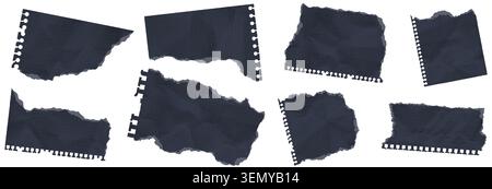 Set of torn black papers tear sheet pieces pack. Blanks uneven ragged textured edges dot grid pattern. Crumpled reminder cutouts hole crumple grunge d Stock Vector