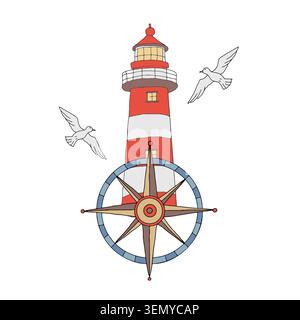 Classic marine lighthouse, traditional wind rose compass symbol, seagulls flying around. Vector graphic hand drawn illustration. Nautical sea beacon Stock Vector