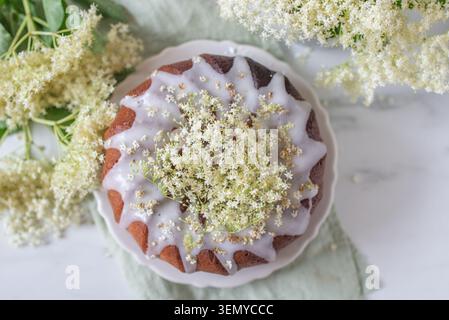 home made elderflower bundt cake with raspberries Stock Photo