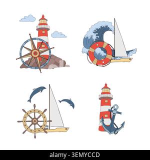 Nautical maritime set of compositions. Lighthouse, wave crest, ship equipment, jumping dolphins, sailboat. Ocean sea concept. Vector graphic hand Stock Vector