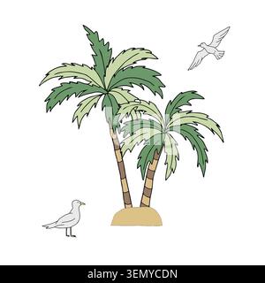 Green palm trees on sand hill dune with seagulls flying. Exotic tropical beach scene. Vector hand drawn graphic illustration. For summer vacation Stock Vector