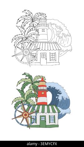 Lighthouse, coastal house seascape, palm tree nautical coloring page. Wind rose compass, ocean sea wave crest coloring book. Black and white vector Stock Vector