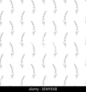 Seamless lavender sprigs pattern with slender stems, small flowers, and elongated leaves in minimalist black line art, arranged diagonally on white ba Stock Photo