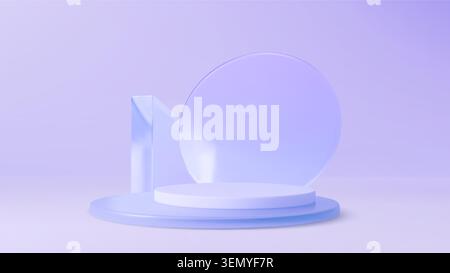 Round podium with elegant glass decoration on light purple background. Vector realistic illustration of abstract geometric platform for beauty product presentation, premium cosmetics banner design Stock Vector
