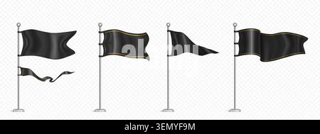 Realistic set of black flags on steel poles isolated on transparent background. Vector illustration of textile pennant waving in wind, royal banner with golden line, luxury fabric sign for branding Stock Vector