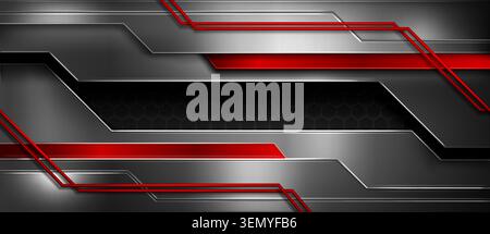 Abstract metal background with realistic perforated steel texture, glossy chrome surface, and geometric pattern in grey, black, and red tones. Vector border template for modern sport design Stock Vector