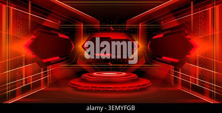 Futuristic digital podium with glowing red neon screens, abstract error alert concept, failure warning vector background. Modern stage platform, advanced technology interface with control boards Stock Vector