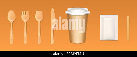 Realistic 3D plastic cup with disposable cutlery, beige takeaway mug with cap, fork, spoon, knife and wood stir stick, vector illustrations isolated on background for cafe and fast food mockup design Stock Vector