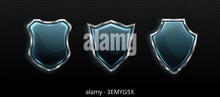 Set of 3D glass shields isolated on transparent background. Vector realistic illustration of protection icon with neon blue glow effect and silver frame, security symbol for medical insurance banner Stock Vector