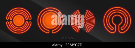 Induction cooktop burners set isolated on black background. Vector realistic illustration of glowing red circles on electric kitchen stove surface, modern cooking appliance, hot temperature sign Stock Vector